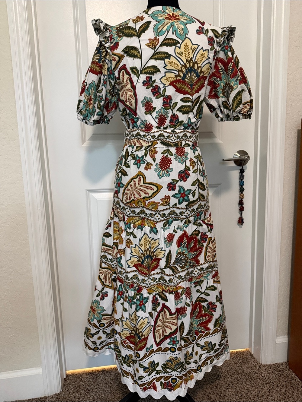 FARM Rio Botanicals Off-White Belted Midi Dress Floral Puff Sleeve XS - Picture 3 of 6